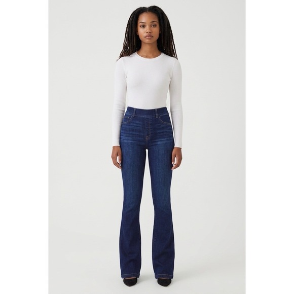 SPANX Pants - Spanx Midnight Blue Flared High Rise Pull-On Sliming Large Denim Stretch Jeans